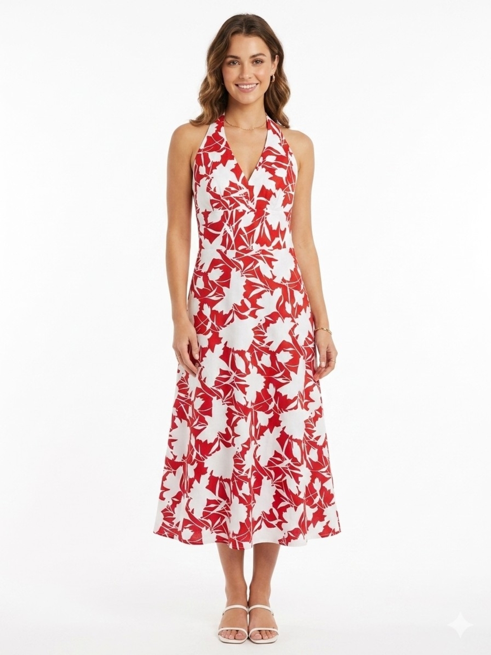 Vintage Clifford & Wills Red & White Floral Halter Neck Midi Dress Size 4